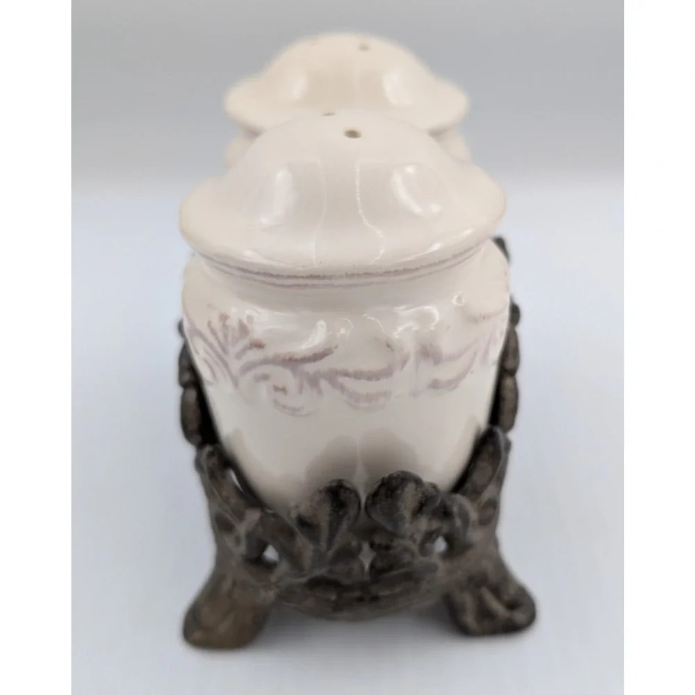 Chris Madden Corvella Ivory Salt Pepper Shaker Set Metal Stand Embossed Scrolls